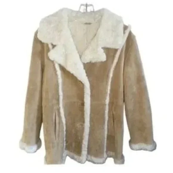 Wilsons Womens Vintage Beige Leather Suede Faux Fur Maxima Button Up Coat Jacket - Picture 5 of 11